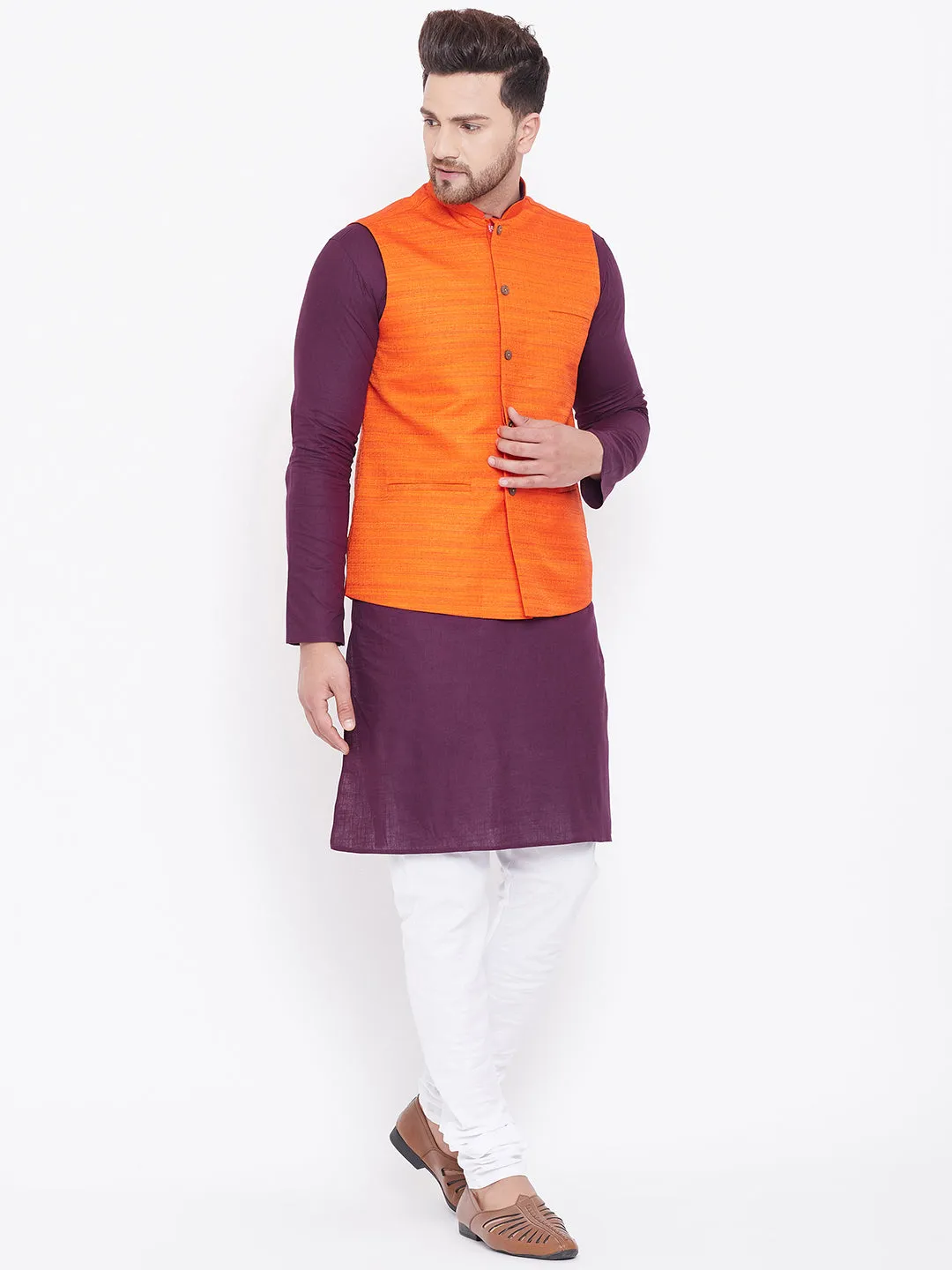 VASTRAMAY Men's Orange Cotton Blend Jacket With Purple And White Kurta and Pyjama Set