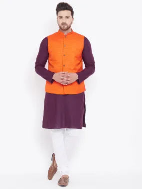 VASTRAMAY Men's Orange Cotton Blend Jacket With Purple And White Kurta and Pyjama Set