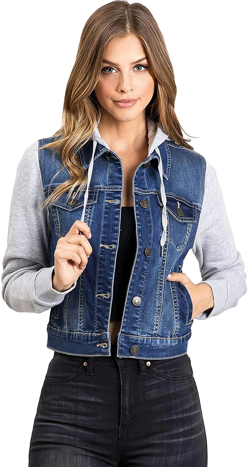 Wax Jeans Women's Fleece Sleeve and Hood Denim Jacket