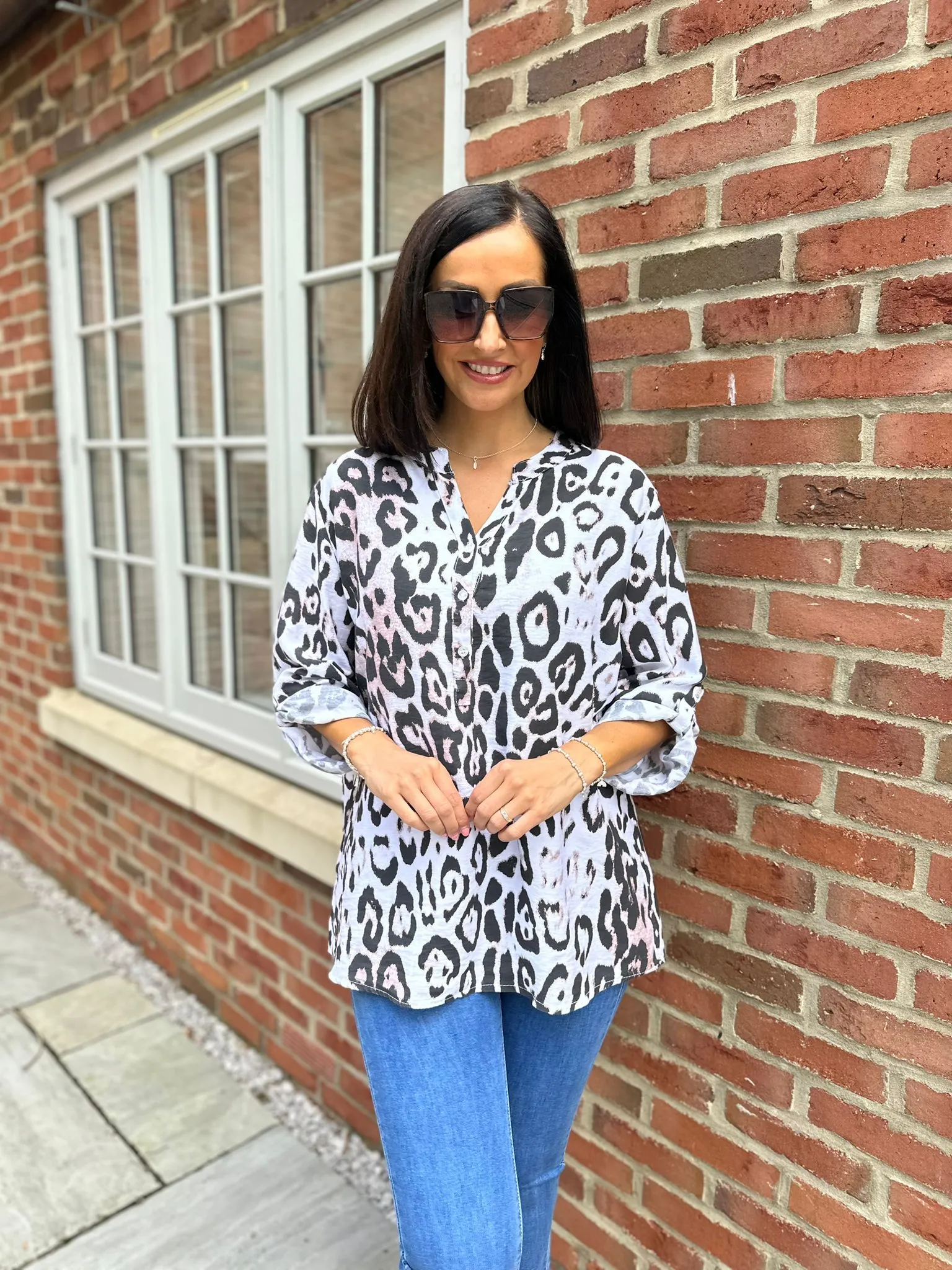 White Leopard Print Textured Button Detail Blouse Fran