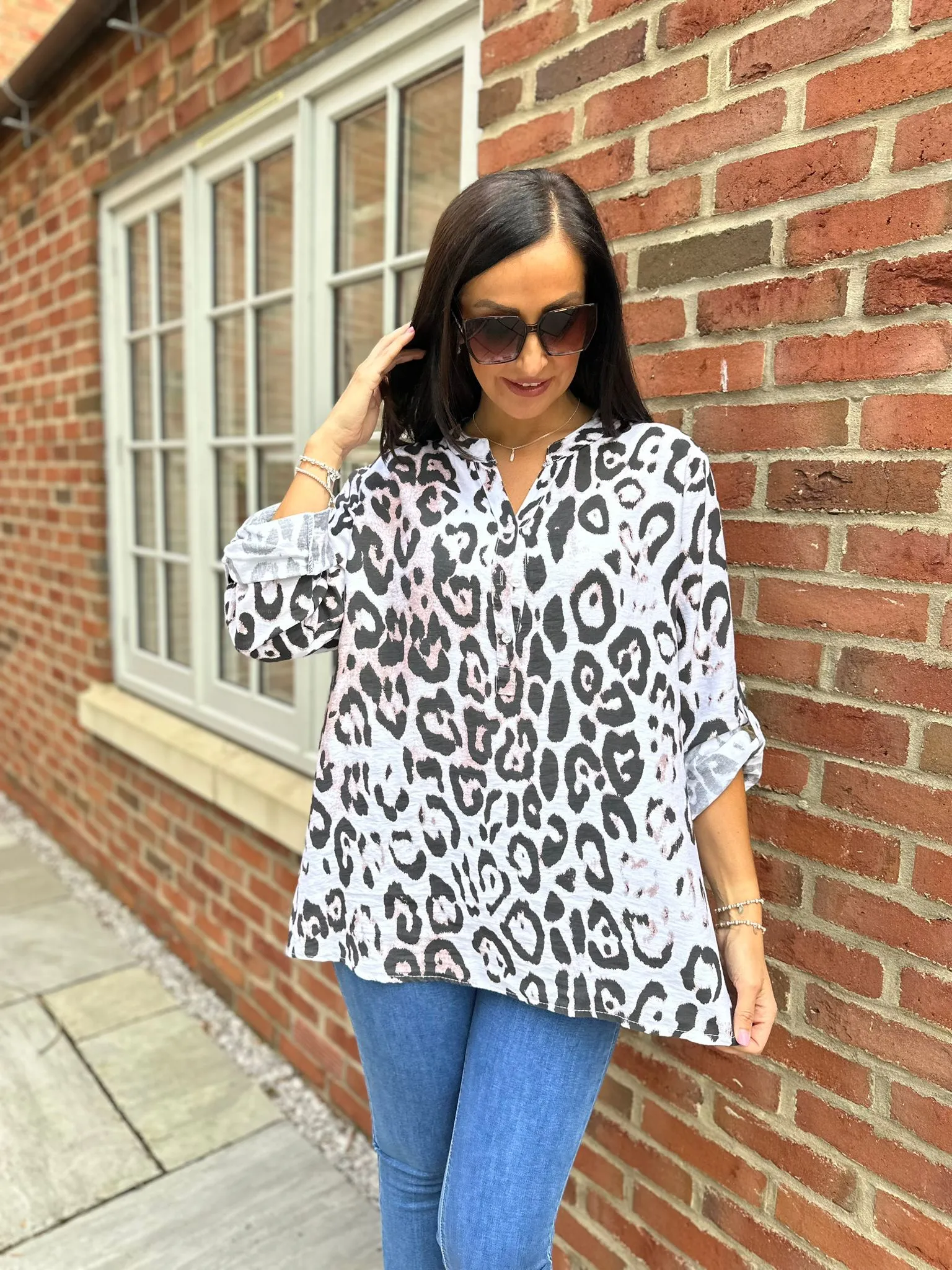 White Leopard Print Textured Button Detail Blouse Fran