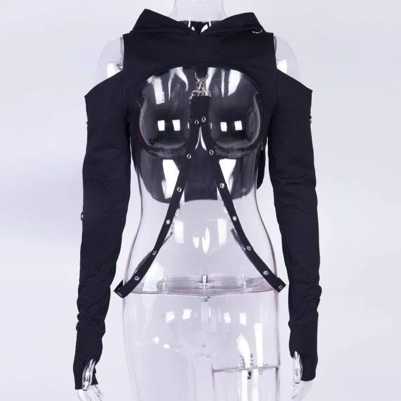 Women's Bare Shoulder Navel Cropped Hoodies With Sashes