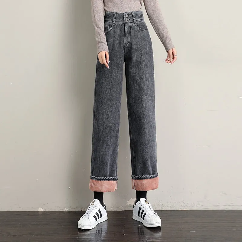 Women's Casual Style Straight Wide Leg High Waist Loose Denim Pants