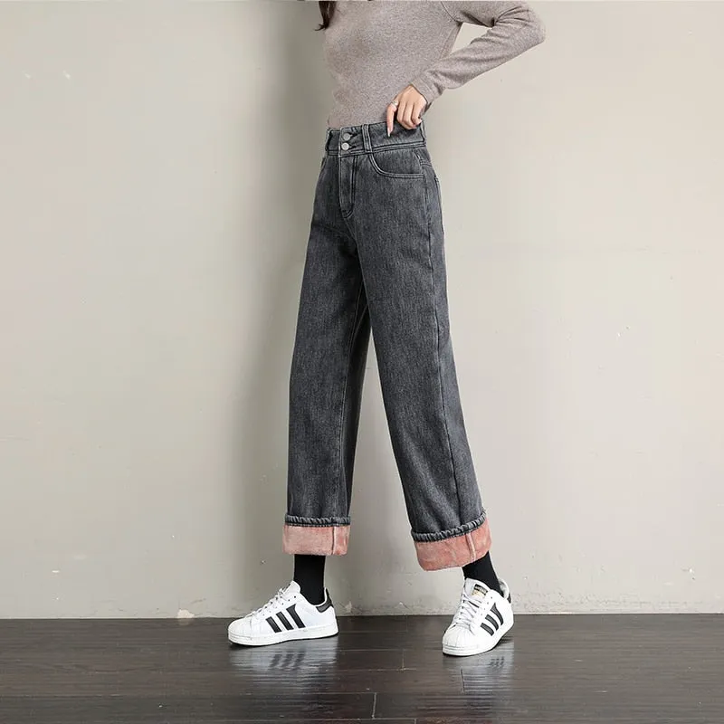 Women's Casual Style Straight Wide Leg High Waist Loose Denim Pants