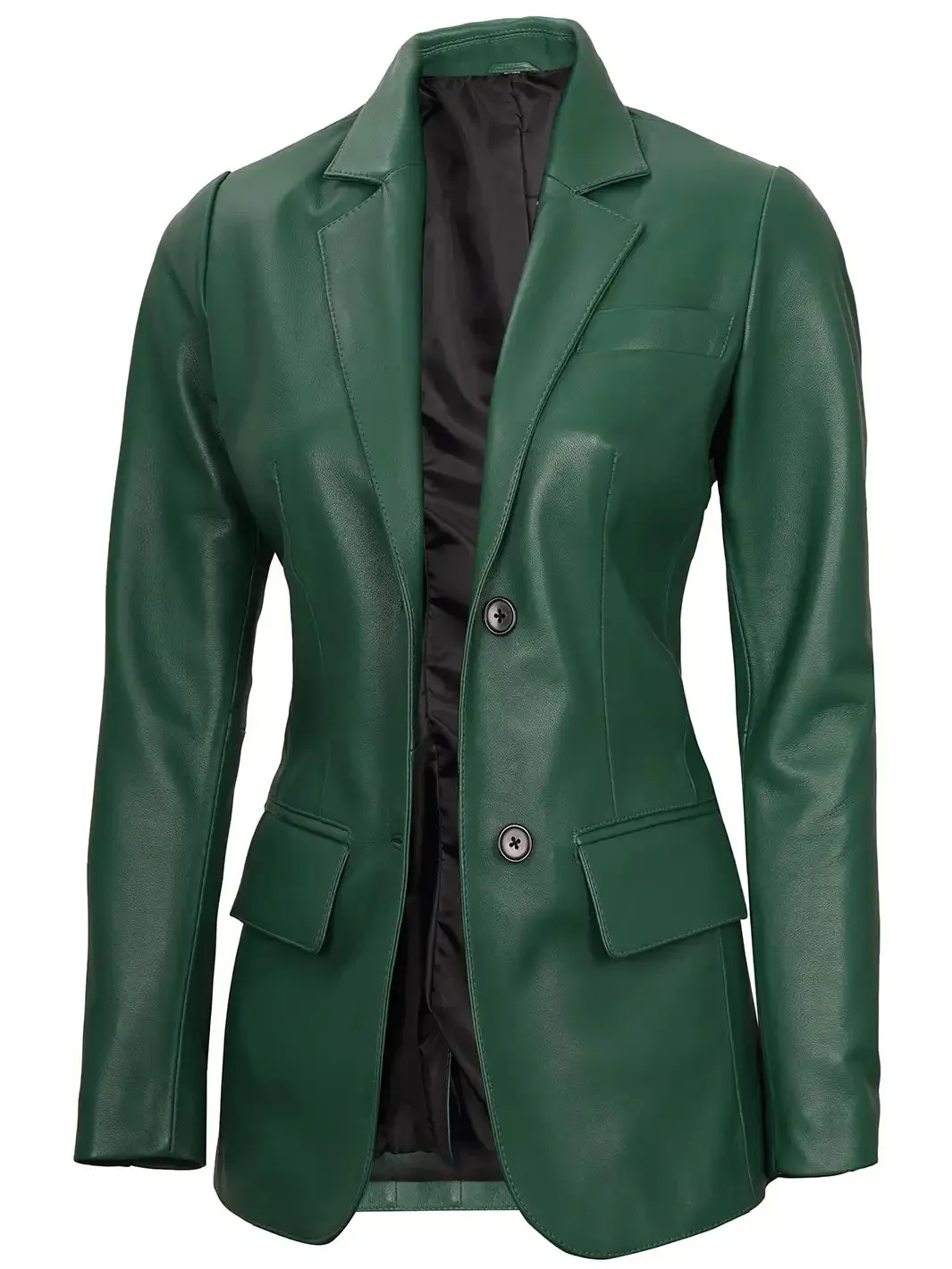 Womens Green Two-Button Leather Blazer