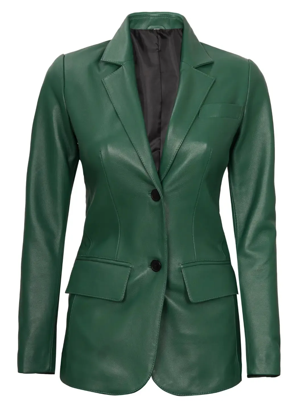 Womens Green Two-Button Leather Blazer