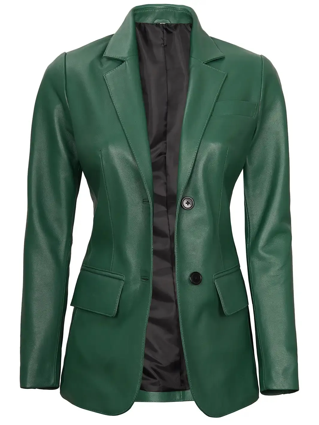 Womens Green Two-Button Leather Blazer