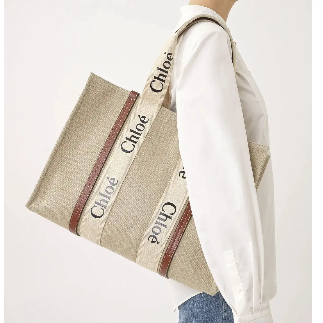 Woody Tote Linen Large, White/Brown