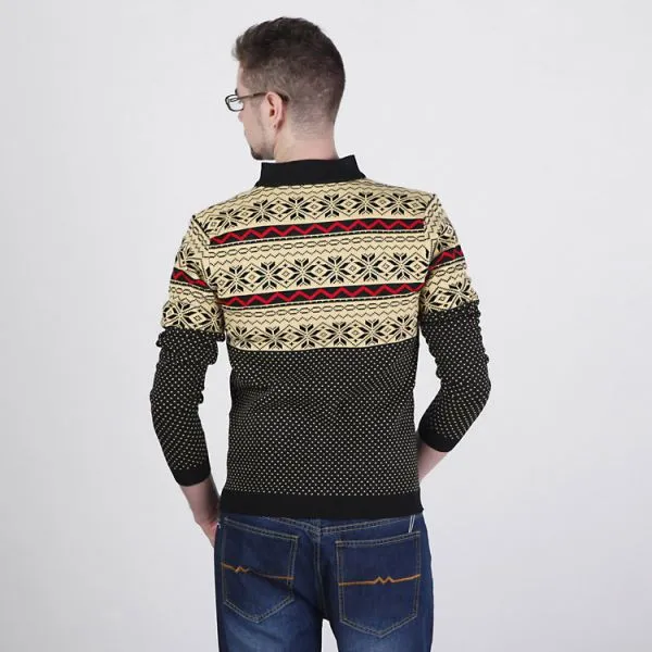 Zip up Men’s Sweater with Retro Winter Print Snowflakes Stripes