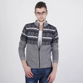 Zip up Men’s Sweater with Retro Winter Print Snowflakes Stripes