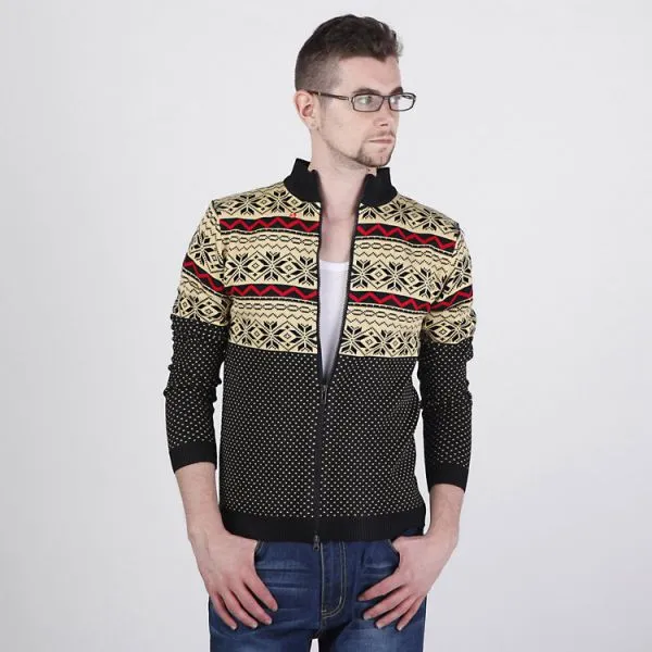 Zip up Men’s Sweater with Retro Winter Print Snowflakes Stripes