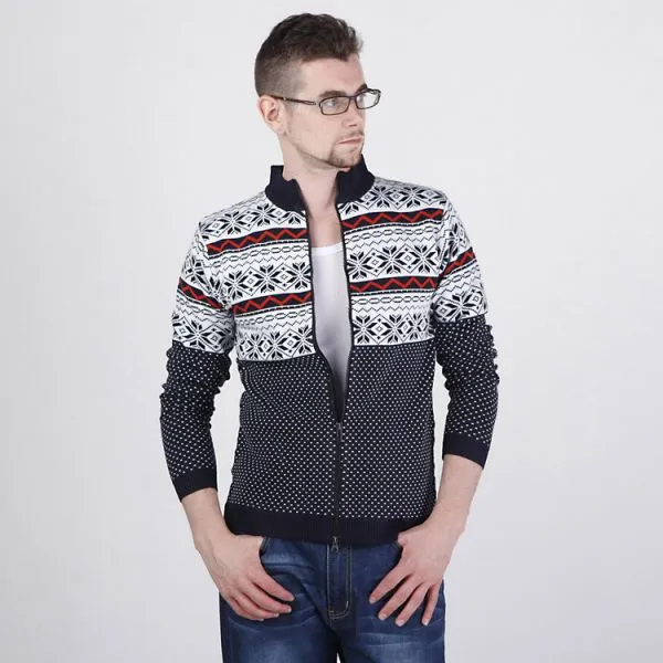 Zip up Men’s Sweater with Retro Winter Print Snowflakes Stripes